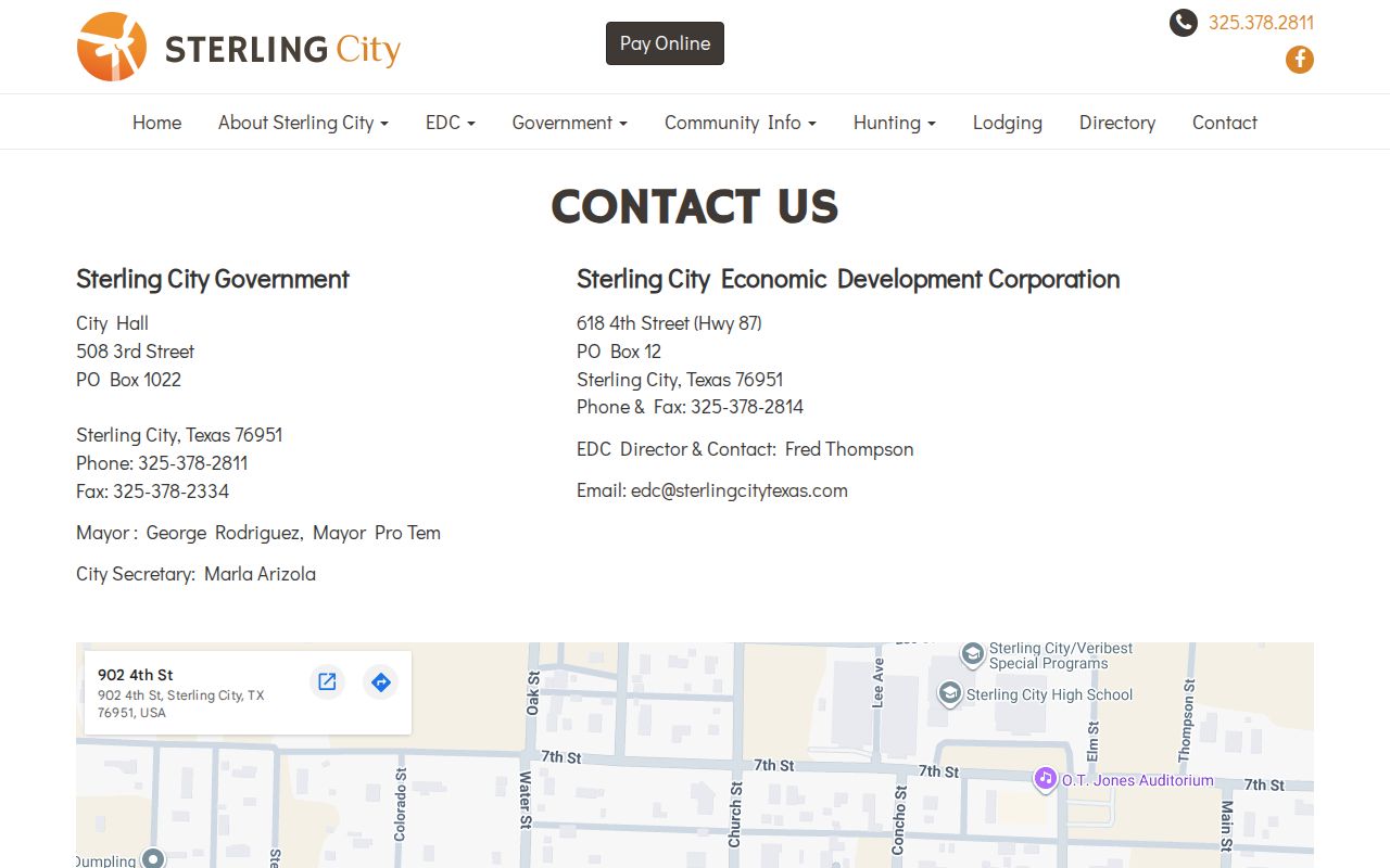 Sterling City Hall contact page with city address and government phone numbers