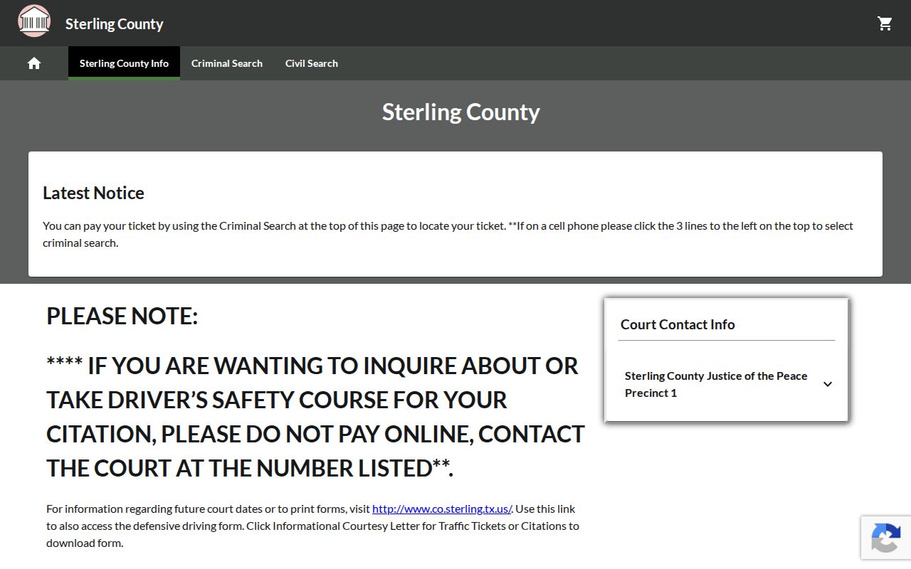 County-linked Sterling County GovRec page for citation search and payment