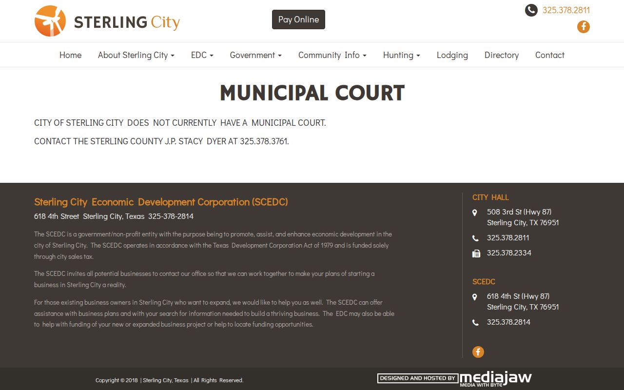 Sterling City municipal-court page stating that no municipal court currently exists