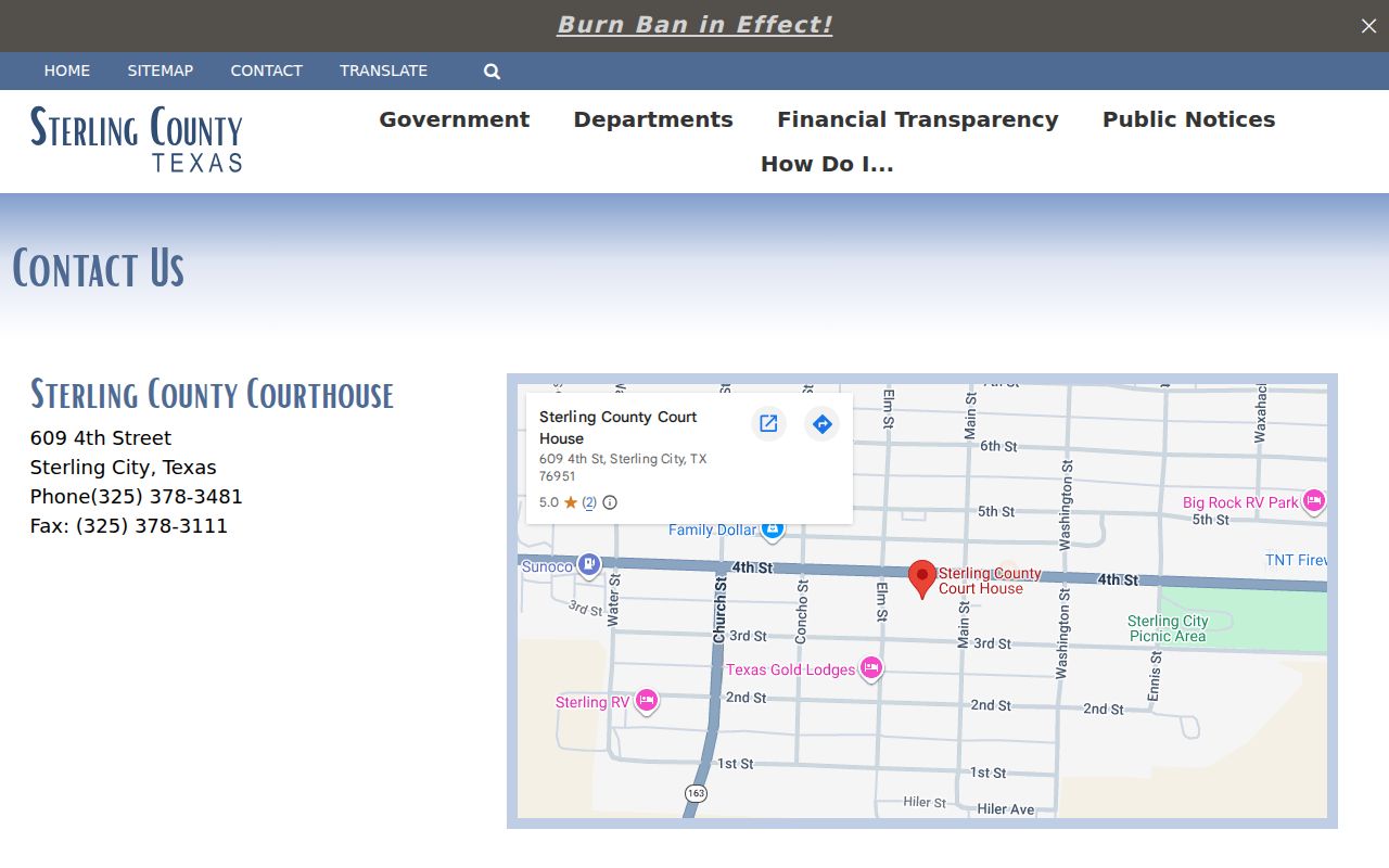 Sterling County courthouse contact page with courthouse address and public office details