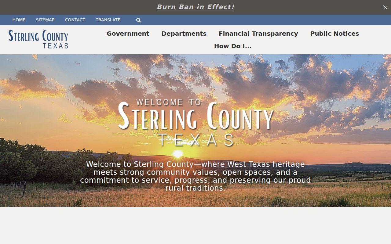 Sterling County homepage with official courthouse and public service links