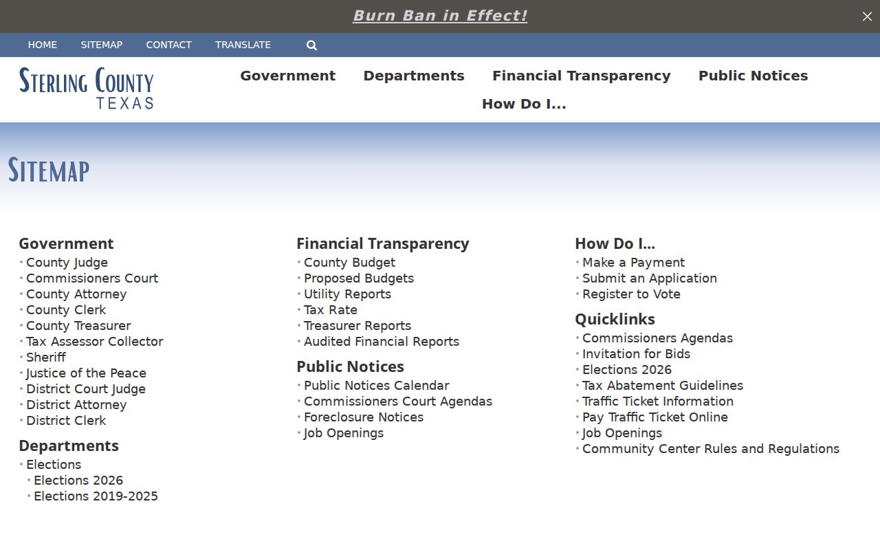 Sterling County sitemap listing public government and court pages without a most wanted section