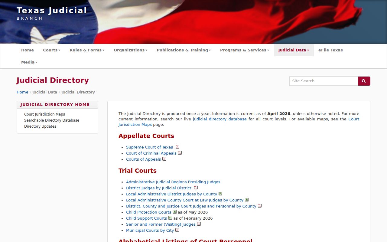 Texas Judicial Branch directory interface for finding current courts