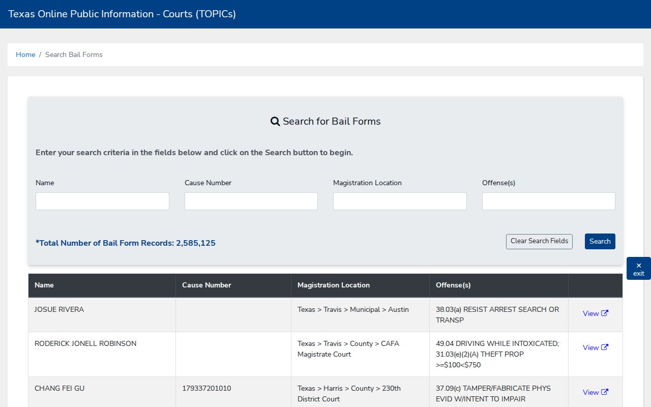 Texas courts Bail Public search interface for completed bail forms