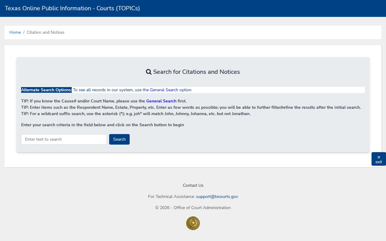 Texas courts public citation and notice search controls