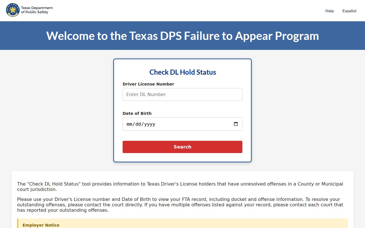 Texas Failure to Appear portal with license number and date of birth search fields