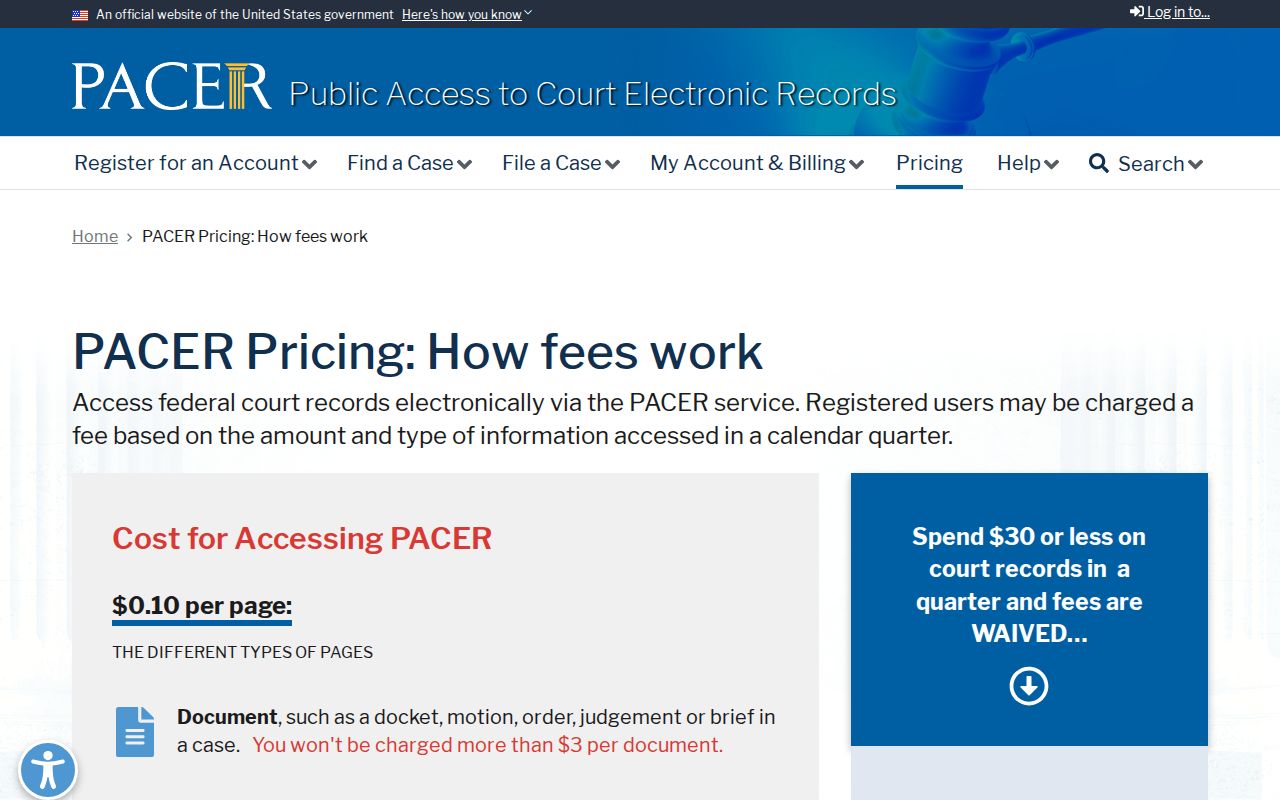 PACER federal court docket pricing and access information