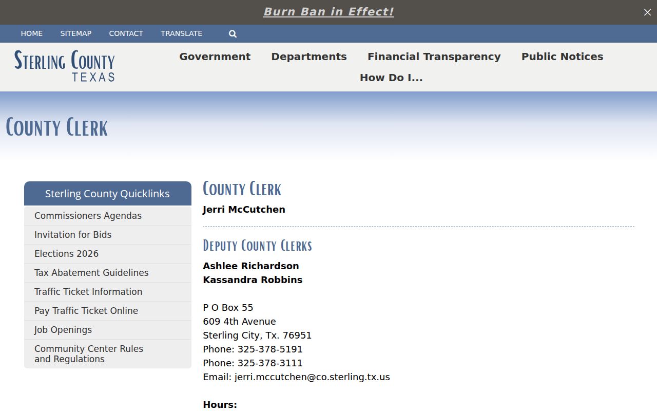 Sterling County Clerk page with contact information and public record links
