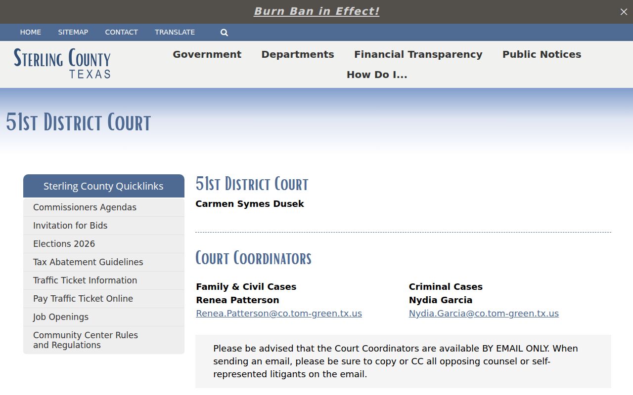 Sterling County 51st District Court page with criminal coordinator contact instructions