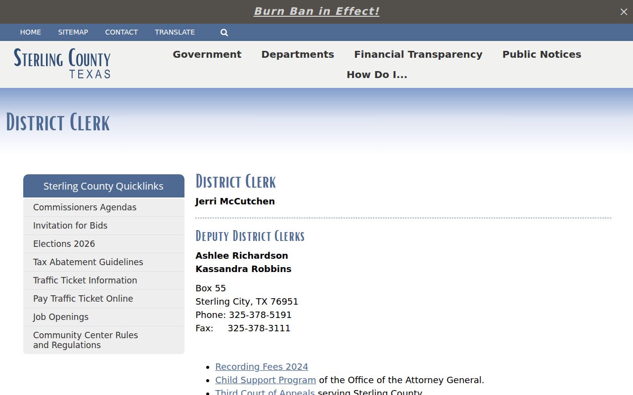 Sterling County District Clerk page with clerk contact and court links