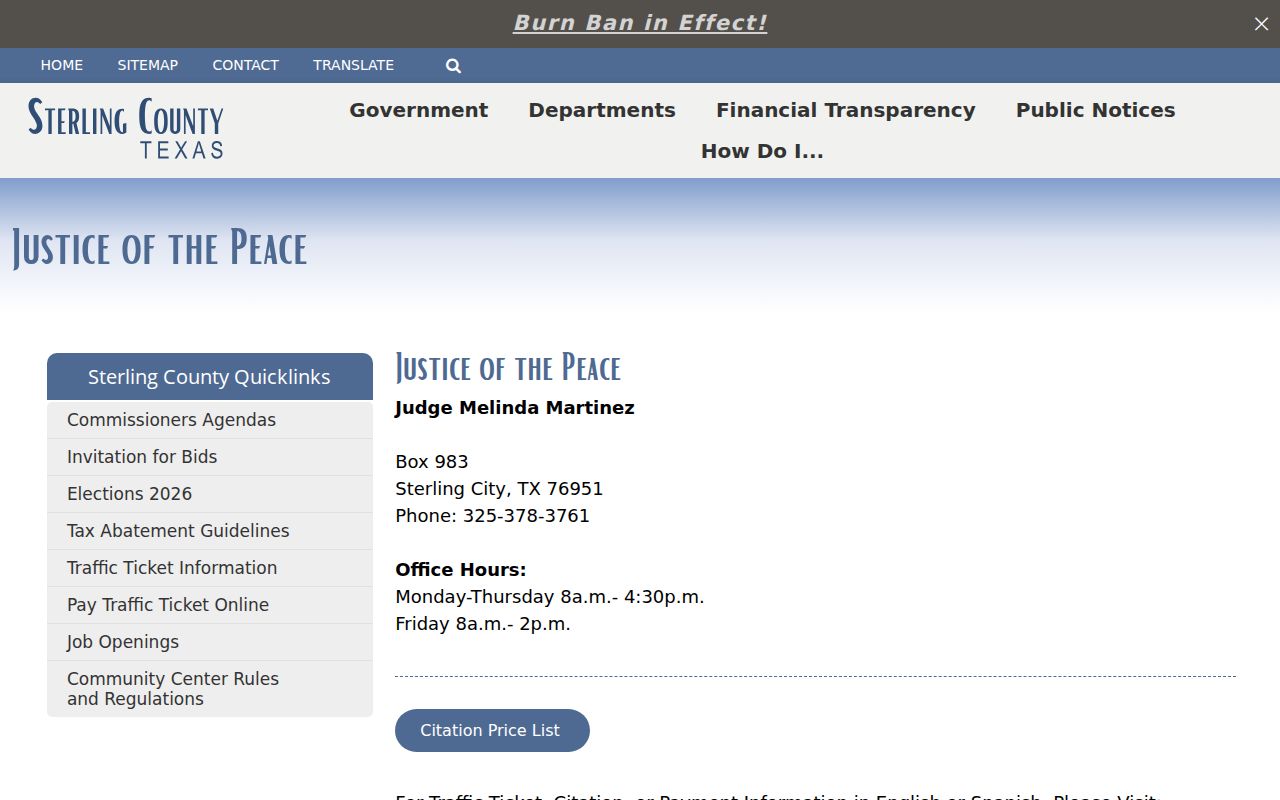 Sterling County Justice Court page with traffic citation and payment links