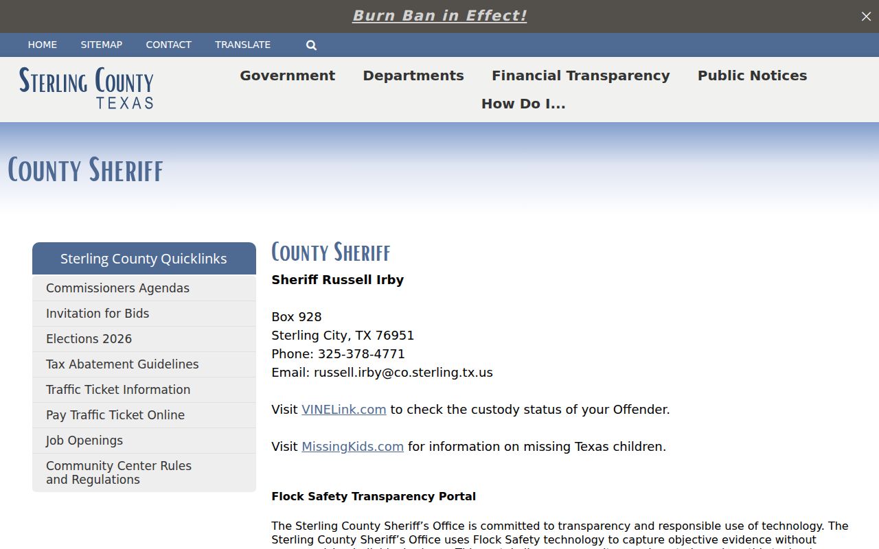 Sterling County official Sheriff page with office contact and custody link